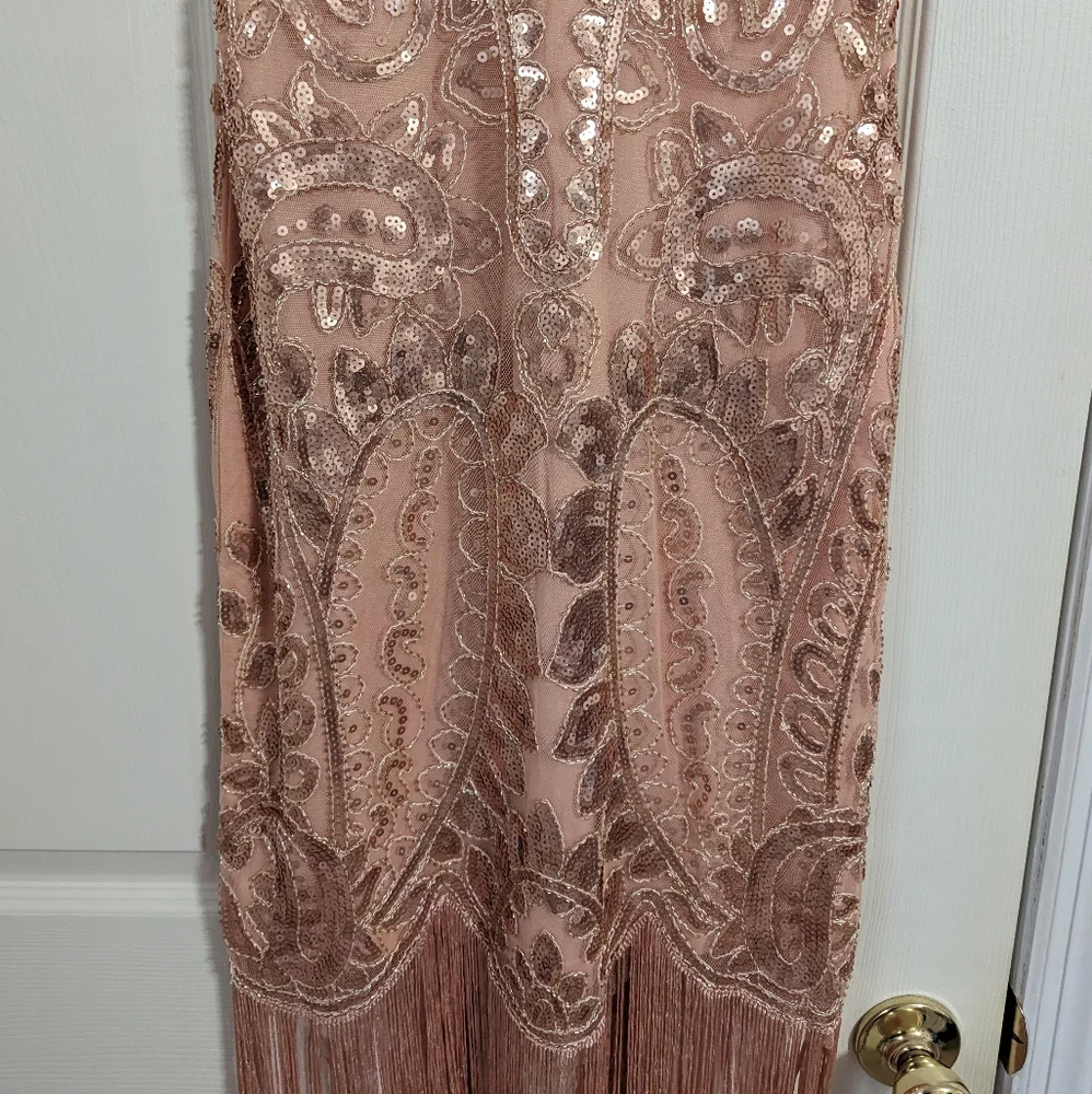 Kayamiya rose gold blush flapper dress sequin fringe size small (read condition)